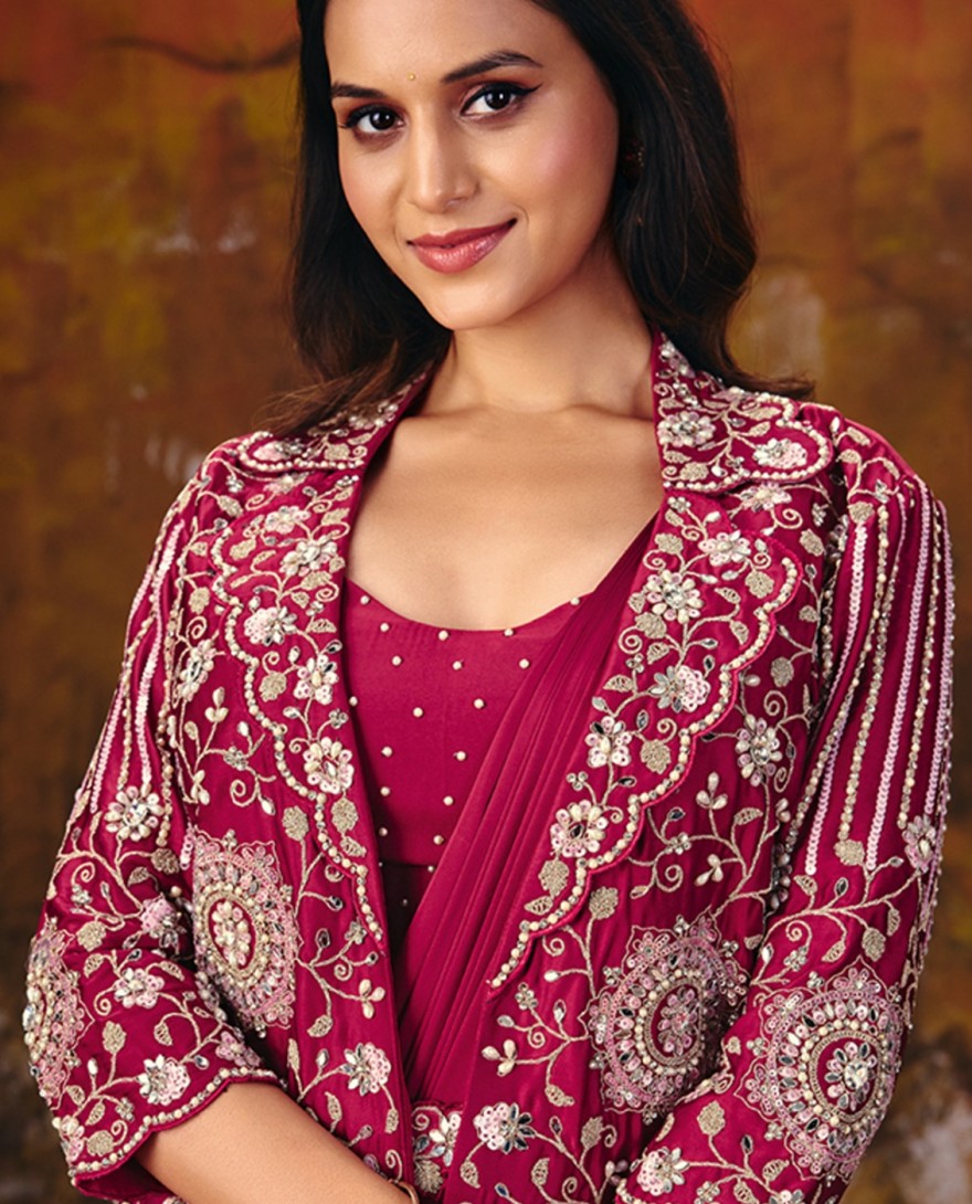 27104-A - Rani Pink Embroidered Wedding Party Designer Saree